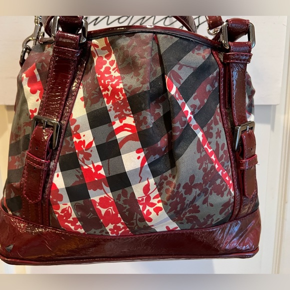 BURBERRY Burgundy Patent Beat Nova Check Floral Satchel Bag Purse HOST PICK - Picture 5 of 15
